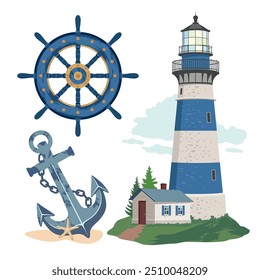 Un conjunto de Elementos náuticos con un faro y un ancla. Una escena costera con un faro. Un ancla de mar con una cadena. Volante de la nave Antiguas. Clipart de Vector ilustrado.