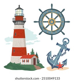 Un conjunto de Elementos náuticos con un faro y un ancla. Una escena costera con un faro rojo y blanco.  Volante de la nave Antiguas. Un ancla de mar con una cadena. Clipart de Vector ilustrado.