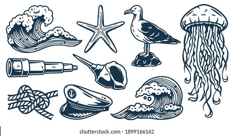 Set of nautical elements for marine design, including sea or ocean wave, captain cap, jellyfish, knot and seagull