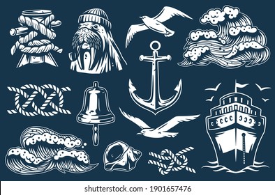 Set of nautical elements for marine design, including sea or ocean wave, walrus, wave, anchor, knot, ship and bell