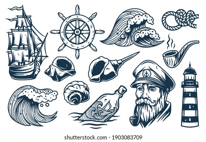 Set of nautical elements for marine design, including sea or ocean wave, captain, ship, helm, seashell, knot, lighthouse and smoking pipe