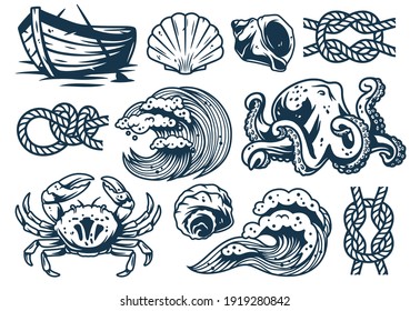 Set of nautical elements for marine design, including sea or ocean wave, crab, boat, octopus, seashell, wave, knot, seafood and mollusk