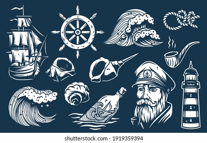 Set of nautical elements for marine design, including sea or ocean wave, captain, ship, helm, seashell, knot, lighthouse and smoking pipe