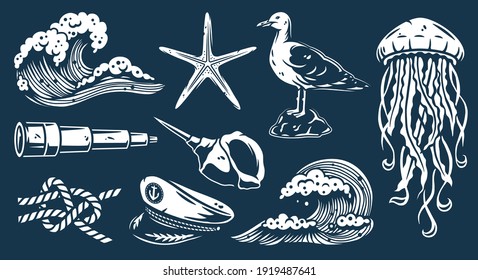 Set of nautical elements for marine design, including sea or ocean wave, captain cap, jellyfish, knot and seagull