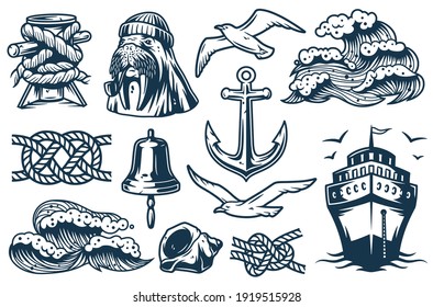 Set of nautical elements for marine design, including sea or ocean wave, walrus, wave, anchor, knot, ship and bell