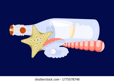 Set of nautical elements with marine souvenirs collection - Message in the bottle and seashells on the dark blue background. Flat Art Vector illustration