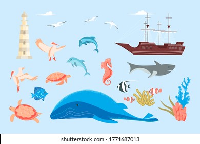 Set of nautical elements and ocean life - animals, birds, fishes. Undersea fauna of tropics, sea world dwellers, coral reef inhabitants in their natural habitat. Flat Art Vector Illustration