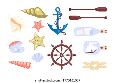 Set of nautical elements with sailor and sea animals - ship anchor wheel rope and seashells letter in a bottle. Flat Art Vector Illustration