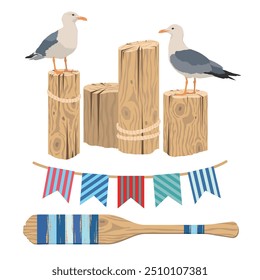 A set of nautical elements with seagulls on wooden poles. Boat paddle with wooden texture. A garland of sea flags. Illustrated vector clipart.