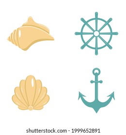 Set of nautical elements - seashells, anchor, wheel isolated on a white background. vector illustration