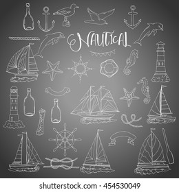 Set with nautical  elements ships and wheel, seahorse, sailing boats,  dolphin and sea knots. Hand drawn articles for summer holidays.Travel, marin and ocean. Vector Illustration