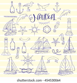 Set with nautical  elements ships and wheel, seahorse, sailing boats,  dolphin and sea knots. Hand drawn articles for summer holidays.Travel, marin and ocean. Vector Illustration