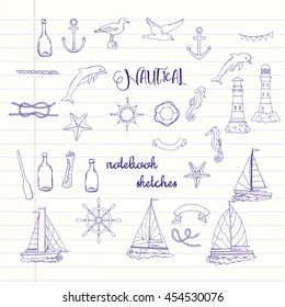 Set with nautical  elements ships and wheel, seahorse, sailing boats,  dolphin and sea knots. Hand drawn articles for summer holidays.Travel, marin and ocean. Vector Illustration
