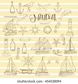 Set with nautical  elements ships and wheel, seahorse, sailing boats,  dolphin and sea knots. Hand drawn articles for summer holidays.Travel, marin and ocean. Vector Illustration