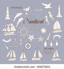 Set with nautical  elements ships and wheel, seahorse, sailing boats,  dolphin and sea knots. Hand drawn articles for summer holidays.Travel, marin and ocean. Vector Illustration