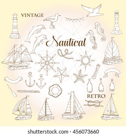 Set with nautical  elements ships and wheel, seahorse, sailing boats,  dolphin and sea knots. Hand drawn articles for summer holidays.Travel, marin and ocean. Vector Illustration