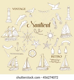 Set with nautical  elements ships and wheel, seahorse, sailing boats,  dolphin and sea knots. Hand drawn articles for summer holidays.Travel, marin and ocean. Vector Illustration