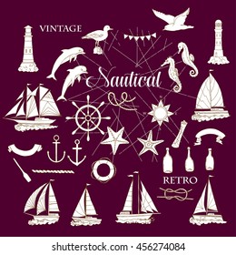 Set with nautical  elements ships and wheel, seahorse, sailing boats,  dolphin and sea knots. Hand drawn articles for summer holidays.Travel, marin and ocean. Vector Illustration