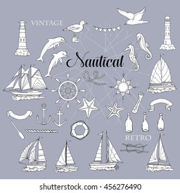 Set with nautical  elements ships and wheel, seahorse, sailing boats,  dolphin and sea knots. Hand drawn articles for summer holidays.Travel, marin and ocean. Vector Illustration