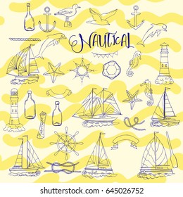 Set with nautical  elements ships and wheel, seahorse, sailing boats,  dolphin and sea knots. Hand drawn articles for summer holidays.Travel, marin and ocean. Vector Illustration
