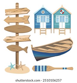 Eine Reihe von nautischen Elementen mit einem Schild und einem Boot. Eine Küstenszene mit verschiedenen Strandhäusern. Ein leeres Strandschild mit einer Holzstruktur. Fischerboot aus Vintage-Holz. Illustrierter Vektorclipart.