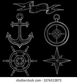 Set of nautical elements. Steering wheel, compass, anchor, windrose. Hand drawn sketch on black background. Vector illustration