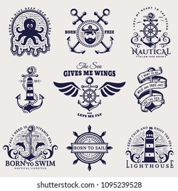 Set of nautical emblems with anchors, steering wheels, lighthouses, seaman, sea animals and other marine elements. Collection of vector badges for t-shirt design, company logos, labels or posters.