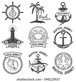 Set of nautical emblems isolated on white background. Design elements for logo, label, sign. Vector illustration.