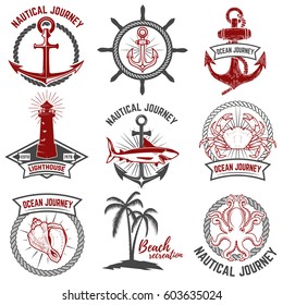 Set of nautical emblems isolated on white background. Anchor, palms, shark, crab, lighthouse, octopus. Vector illustration.