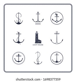 Set of nautical emblems. Lighthouse and anchors. Modern minimal flat design style. Simple logotype template. Vector illustration.