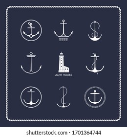 Set of nautical emblems. Lighthouse and anchors. Modern minimal flat design style. Simple logotype template. Vector illustration.