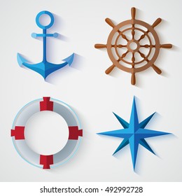 Set of nautical flat symbols with shadows on light grey background vector illustration