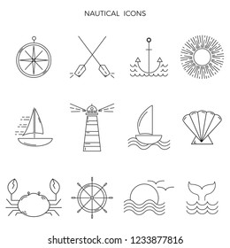 Set of nautical graphic icons in modern thin line style.