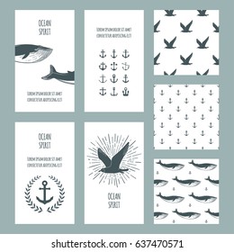 Set of nautical greeting cards and seamless patterns. Whales, anchors and seagulls symbols. Vector.