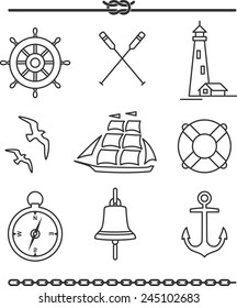 Set of nautical icons and design elements in vintage line style