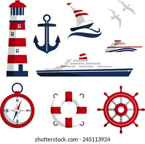 Set of nautical icons and design elements in flat style