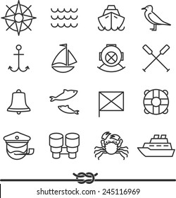 Set of nautical icons and design elements in vintage line style