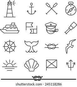 Set of nautical icons and design elements in vintage line style