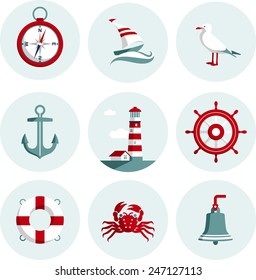 Set of nautical icons and design elements in flat style