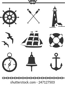 Set of nautical icons and design elements in silhouette