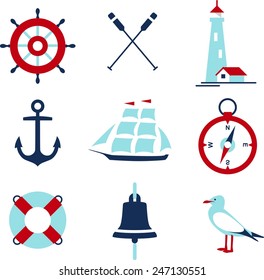 Set of nautical icons and design elements in flat style