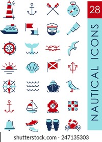 Set of nautical icons and design elements in vintage line style