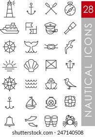 Set of nautical icons and design elements in vintage line style svg
