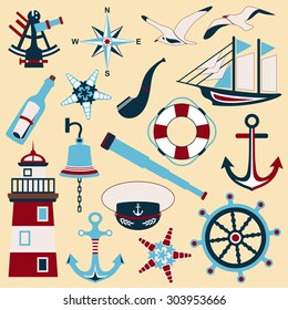  		
Set of nautical icons and design elements in flat style. Vector illustration.