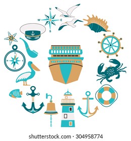 Set of nautical icons and design elements in flat style. Vector illustration.