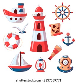 Set of nautical icons in a flat style. Marine transport vector icons for web design isolated on white background.