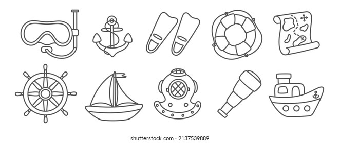 Set of nautical icons. Outline set of marine transport vector icons for web design isolated on white background.