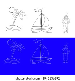 Reihe von nautischen Symbolen. Palme auf der Insel, Yacht, Taucher