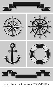 Set of nautical icons and ribbons. Flat design. Vector illustration.