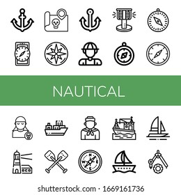 Conjunto de iconos náuticos. Tales como Anchor, Compass, Treasure map, Explorer, Bollard, Pirate, Lighthouse, Cargo barco, Oars, Sailor, Boat , iconos náuticos
